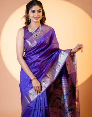Women royal blue Art silk handloom saree 1