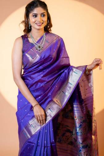 Women royal blue Art silk handloom saree