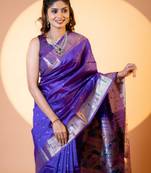 Women royal blue Art silk handloom saree