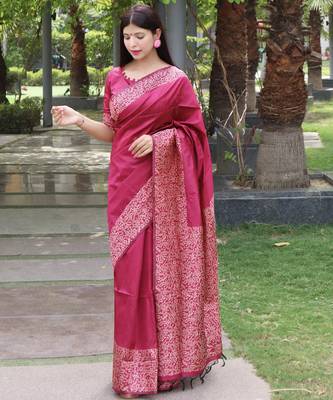Women pink Art silk handloom saree 1