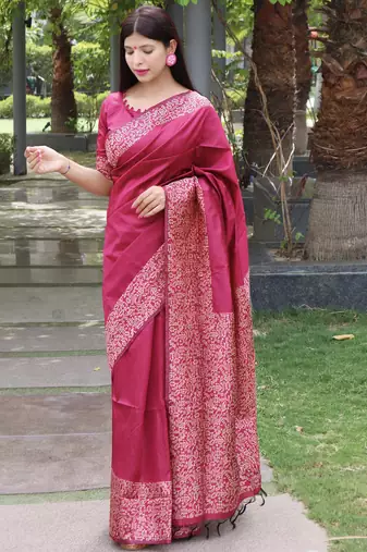 Women pink Art silk handloom saree