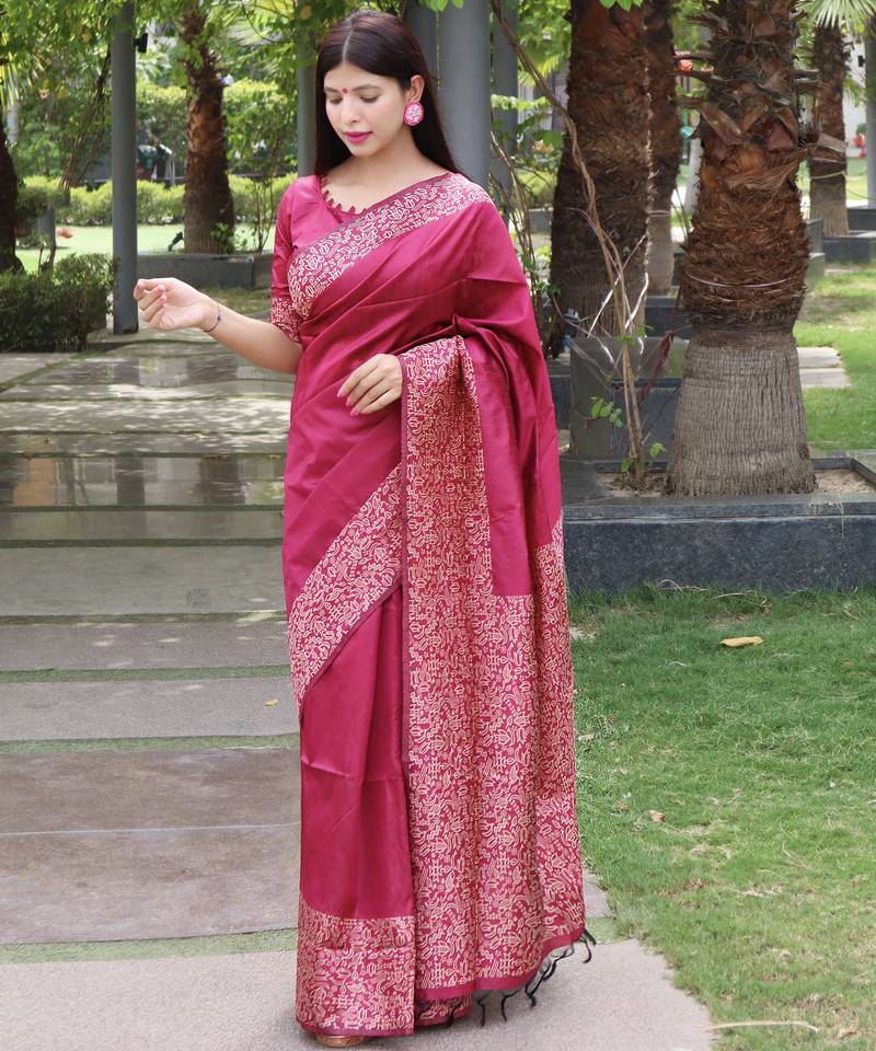 Women pink Art silk handloom saree