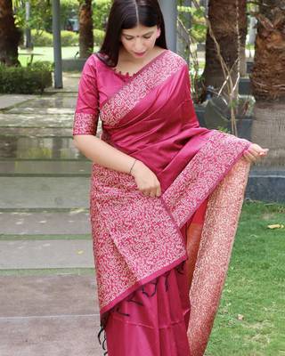 Women pink Art silk handloom saree 3
