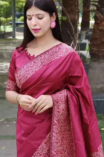 Women pink Art silk handloom saree
