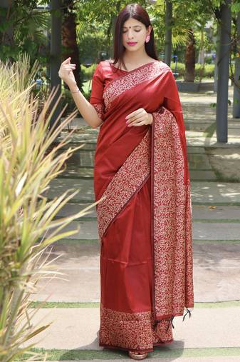 Women red Art silk handloom saree