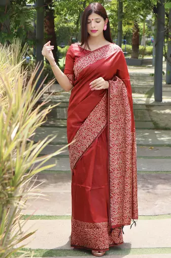 Women red Art silk handloom saree