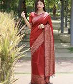 Women red Art silk handloom saree