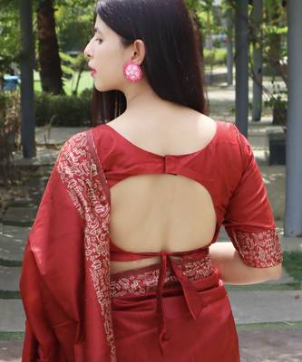 Women red Art silk handloom saree 2