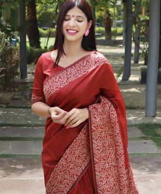 Women red Art silk handloom saree 4