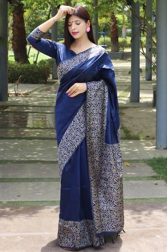 Women blue Art silk handloom saree