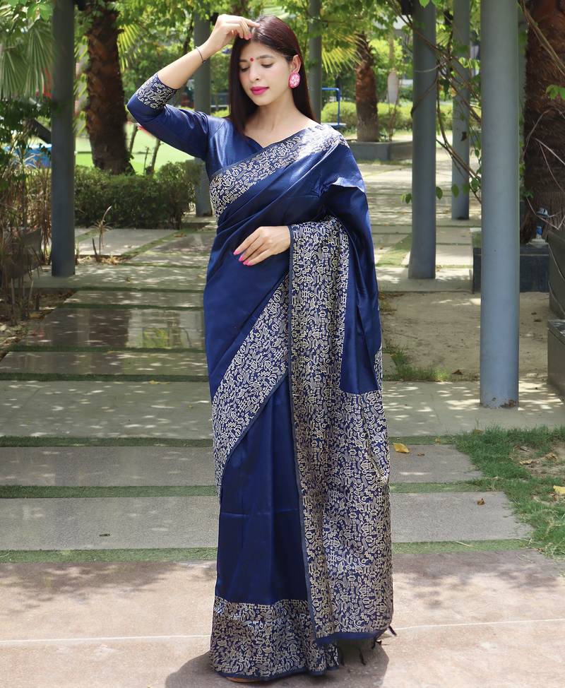Women blue Art silk handloom saree