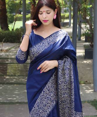 Women blue Art silk handloom saree 3