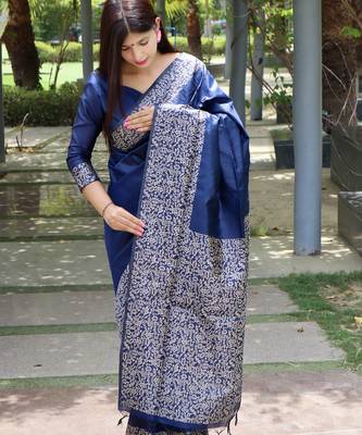 Women blue Art silk handloom saree 4