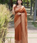 Women orange Art silk handloom saree