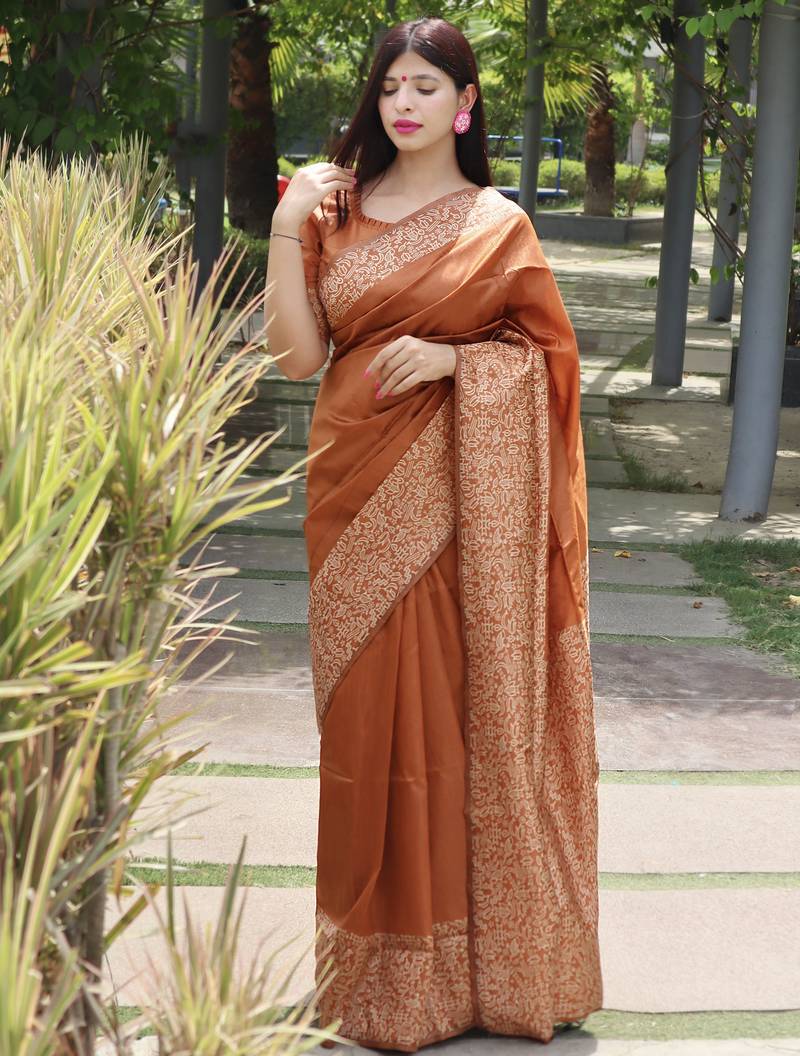 Women orange Art silk handloom saree