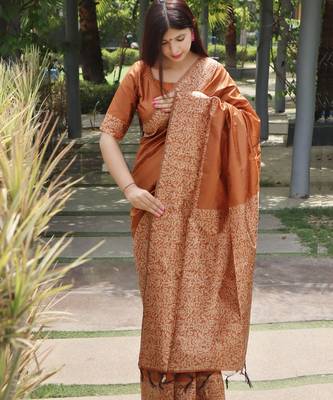 Women orange Art silk handloom saree 2