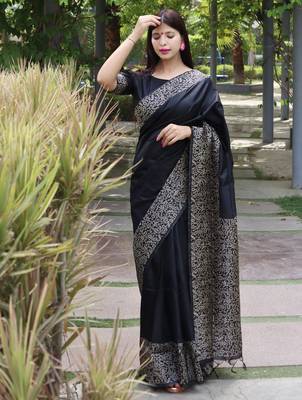 Women black Art silk handloom saree 1