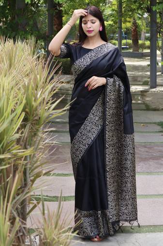 Women black Art silk handloom saree