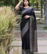 Women black Art silk handloom saree