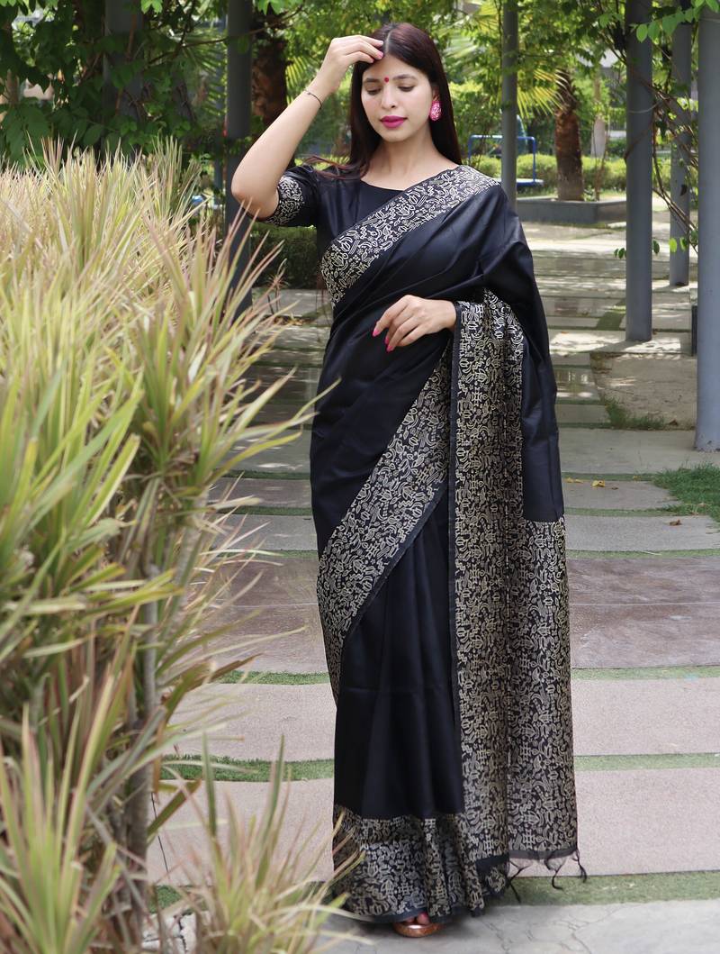 Women black Art silk handloom saree