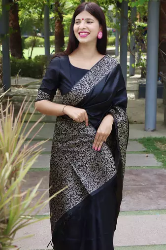 Women black Art silk handloom saree