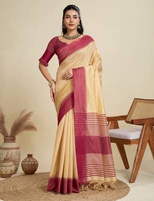 Women cream Art silk handloom saree 1