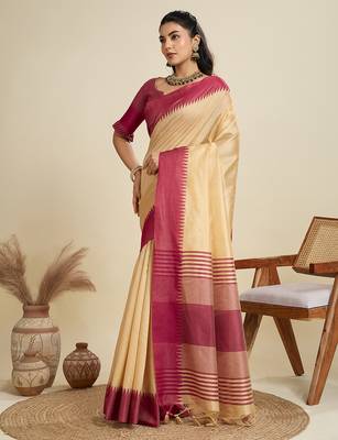 Women cream Art silk handloom saree 2
