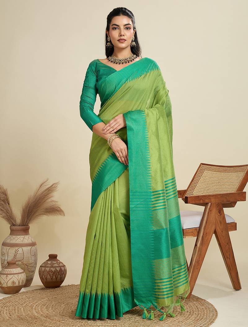 Women green Art silk handloom saree