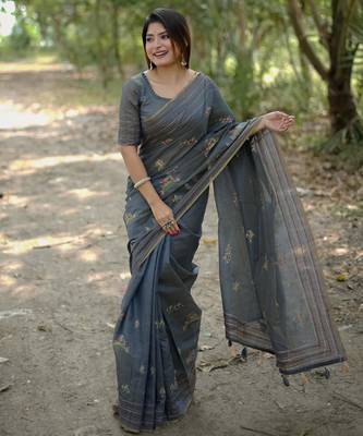 Women grey Art silk handloom saree 1