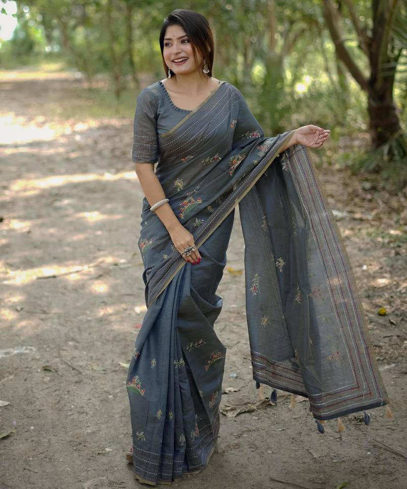 Women grey Art silk handloom saree