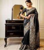 Women black Art silk handloom saree