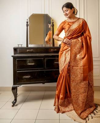 Women orange Art silk handloom saree 1