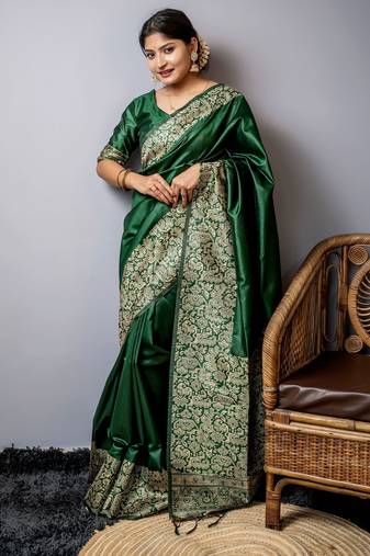 Women dark green Art silk handloom saree