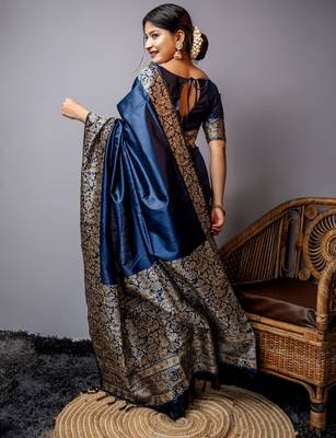 Women navy blue Art silk handloom saree 3