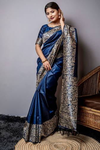 Women navy blue Art silk handloom saree