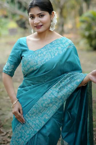 Women sky blue art silk handloom saree