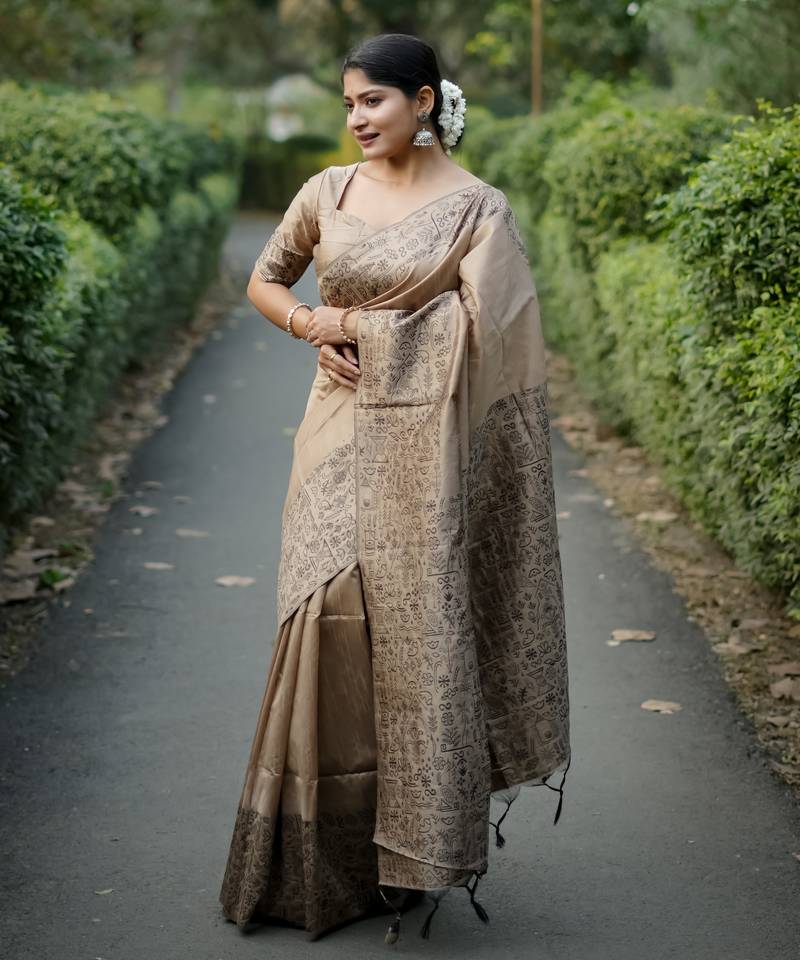 Women beige Art silk handloom saree
