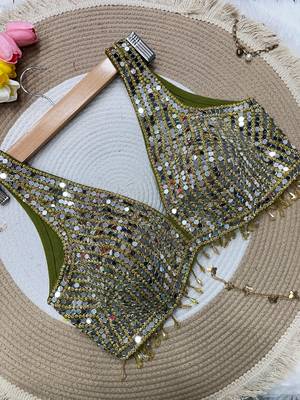 Olive mirror work cotton sleeveless blouse 1