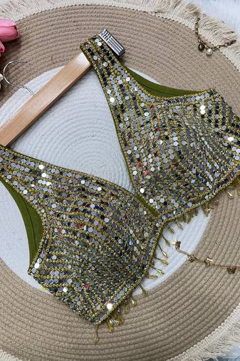 Olive mirror work cotton sleeveless blouse