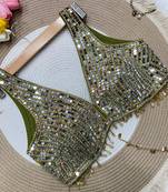 Olive mirror work cotton sleeveless blouse
