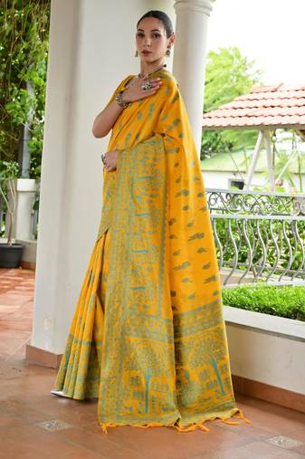 Women yellow Art silk handloom saree
