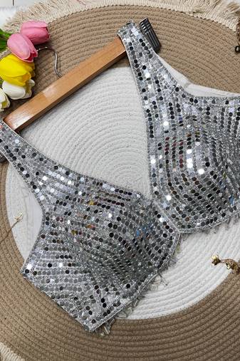Silver mirror work cotton sleeveless blouse