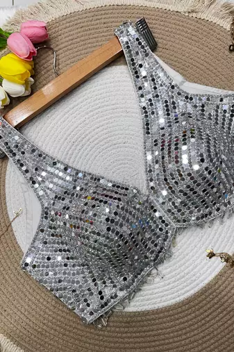 Silver mirror work cotton sleeveless blouse