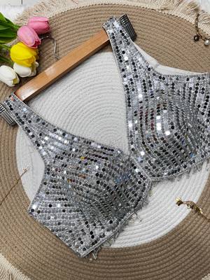 Silver mirror work cotton sleeveless blouse 2