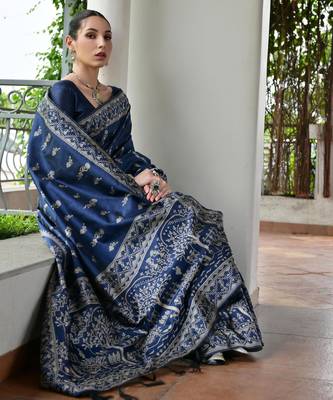 Women blue Art silk handloom saree 4
