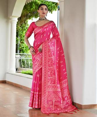 Women pink Art silk handloom saree 1