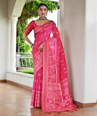 Women pink Art silk handloom saree 2
