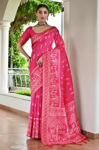 Women pink Art silk handloom saree