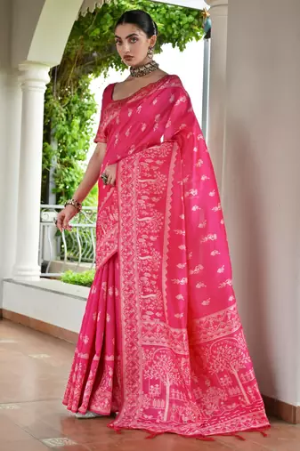Women pink Art silk handloom saree