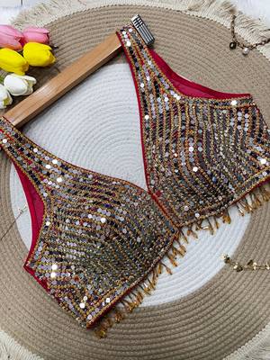 Red mirror work cotton sleeveless blouse 1